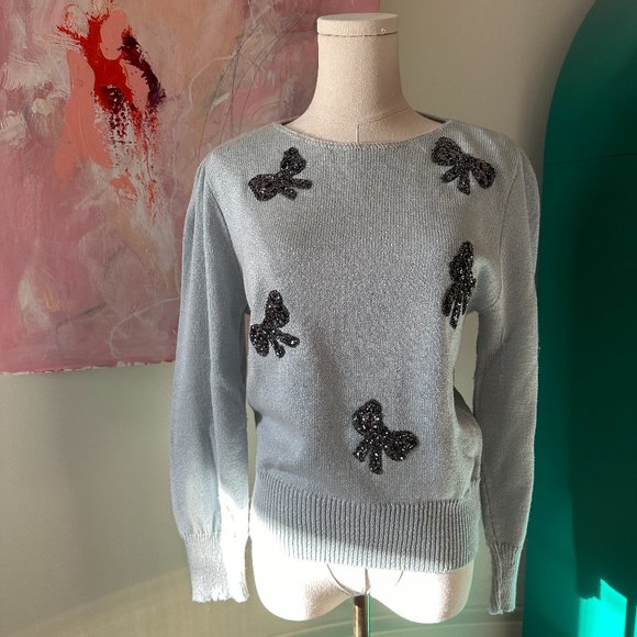 VINTAGE VIVANTI Steel Blue Sweater with Glitter Bows‎ - Picture 1 of 9